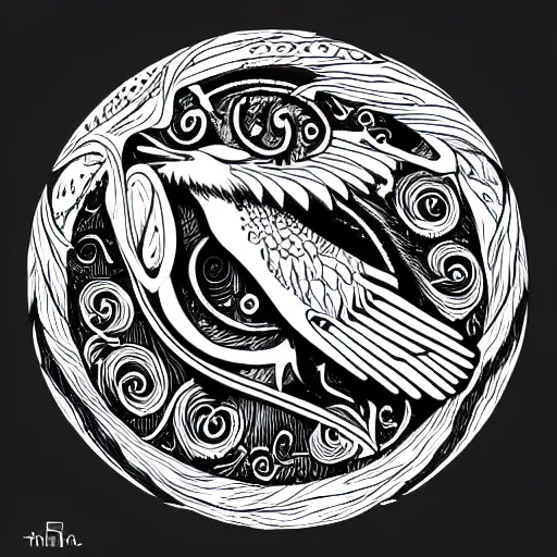 Image similar to three eyed raven as ouroboros mystic occult illustration for tattoo, symbolism mythos, highly detailed line drawing, design concepts