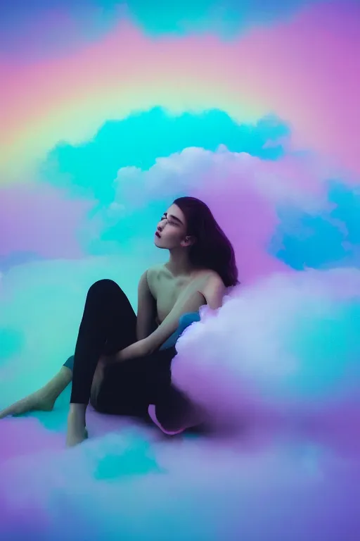 Prompt: high quality pastel coloured film photograph of a model wearing black clothing resting on cloud furniture clouds in a haze filled dreamstate world. three point light, rainbow. photographic production. art directed. pastel colours. volumetric clouds. pastel gradient overlay. waves glitch artefacts. 8 k. filmic.