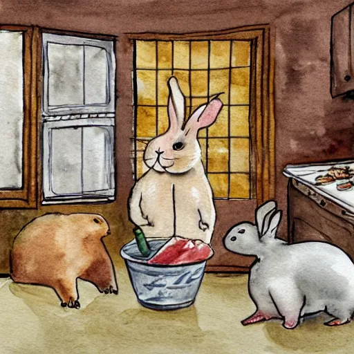 Prompt: a rabbit, and a guinea pig, baking cookies together, inside a french cozy kitchen, realistic watercolour