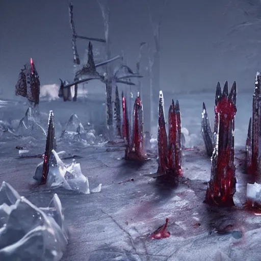 Image similar to highly detailed bloody ice spikes are errupting from the ground by magic, a group of knights in plate - armor impalent by bloody stakes, horrible death on the spot, gloomy lights in the sky, octane render, unreal engine, hyperrealistic