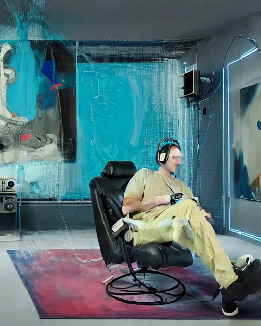 Prompt: a man reclines in a gaming computer chair with headphones on a controller inhand in a domestic interior filled with screens by james jean and luc tuymans and beeple and hernan bas and pat steir and hilma af klint, psychological, 3 d, dripping paint, high quality render, masterpiece