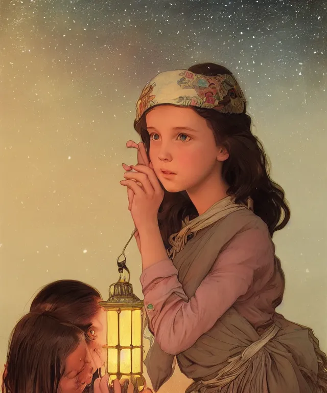 Prompt: a beautiful painting of a girl resembling millie bobby brown in front of the lantern festival in a an ancient italian town, at night with a sky full of stars, intricate, elegant, highly detailed, digital painting, artstation, concept art, by krenz cushart and artem demura and alphonse mucha