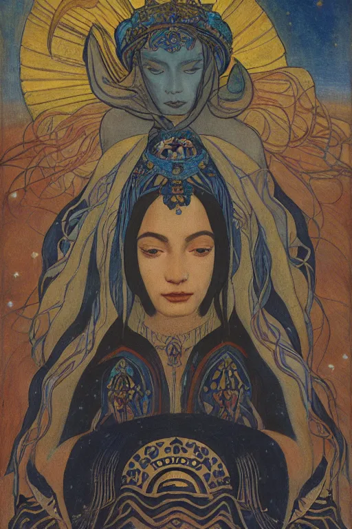 Prompt: queen of the moon with stars in her hair by Nicholas Roerich and Annie Swynnerton and Diego Rivera and jean delville and Carl Larsson, dramatic cinematic lighting , dark skin, silver jewelry, ornate headdress, flowing robes, sacred artifacts, lost civilizations, smooth, sharp focus, extremely detailed