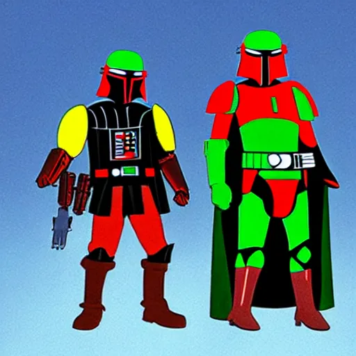 Prompt: cartoon of darth vader and boba fett standing proudly shoulder to shoulder