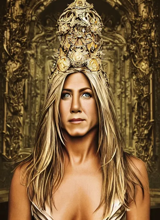 Image similar to a portrait of jennifer aniston by stefan geselle and nekro borja, photorealistic, intricate details, hyper realistic, fantasy, elegant, baroque gold headpiece, photorealistic, canon r 3, photography, wide shot, symmetrical features, symmetrical pose, wide angle shot, head to toe, standing pose, feet on the ground, wearable art