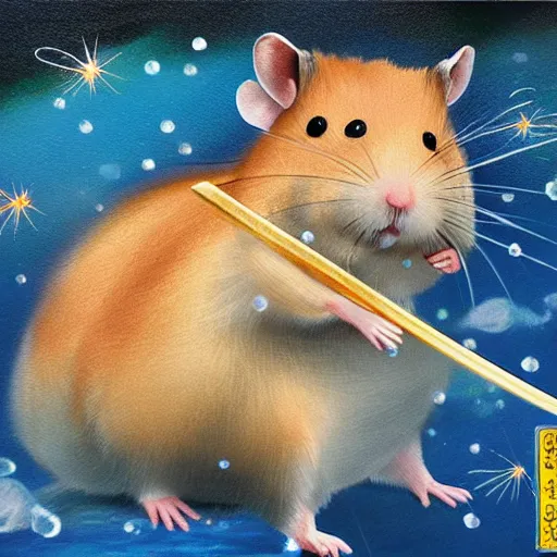 Image similar to japanese hamster samurai. with long sword. anime art. painting. rain of meteors on background. hyper realistic image