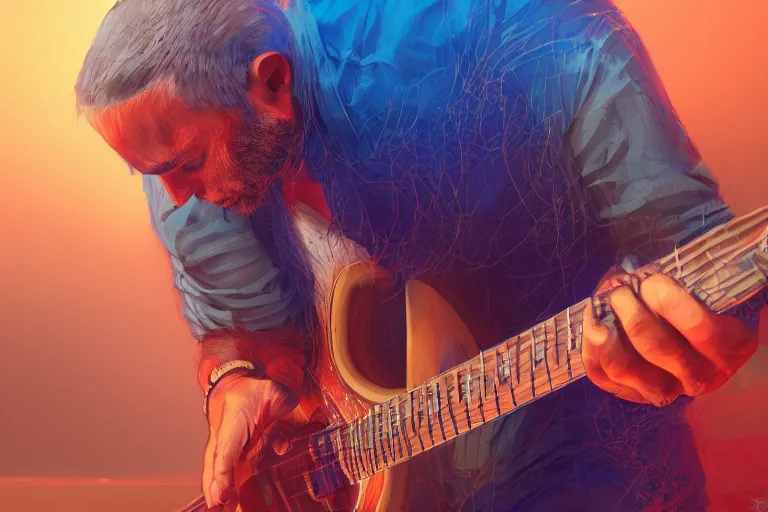 Image similar to mysterious man playing guitar near a lake, hyper detailed, orange red blue tones dramatic lighting, cgsociety, realistic, hyper detailed, insane details, intricate, dramatic lighting, hypermaximalist, golden ratio, rule of thirds, octane render, weta digital, micro details, ultra wide angle, artstation trending, 8 k,