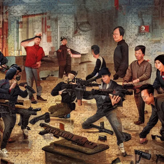 Image similar to a group of people with guns in a room, a jigsaw puzzle by xi gang, cg society, regionalism, sabattier effect, matte background, hellish background