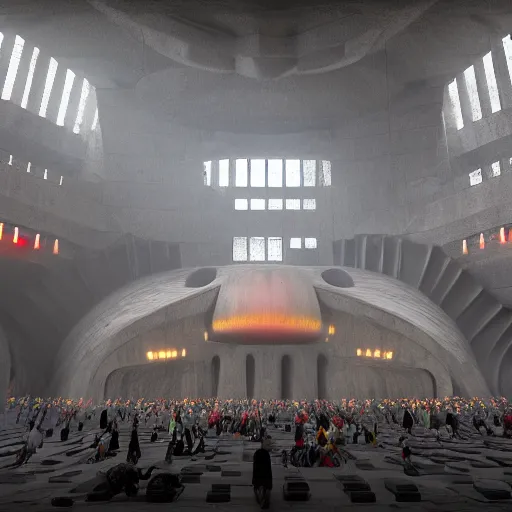 Image similar to photo, weta digital, inside the grand hall of a stunning giant huge brutalist cement palace, a giant floating screaming face made out of swirling colorful glowing particles, a huge crowd of people in black cult robes kneeling down, octane render, featured on cgsociety, volumetric lighting and shadows, fog, moody, atmospheric, 8 k