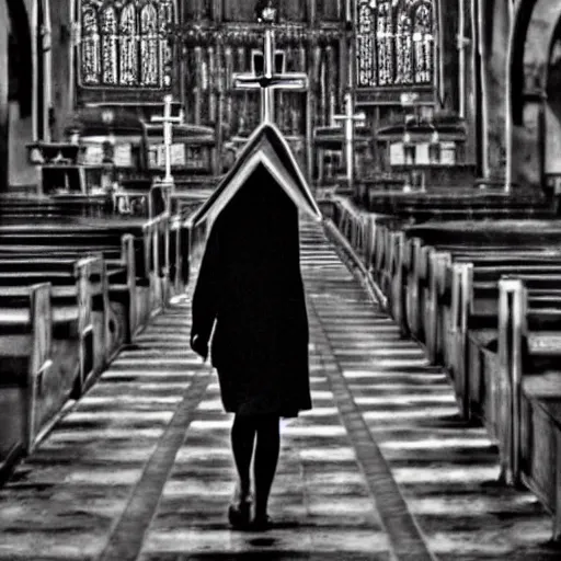 Prompt: pyramid head from silent hill attending sunday mass in a large church, realistic, grunge, grainy