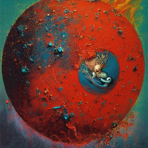 Image similar to a sphere being devoured by abstract splatters of paint in the style of francis bacon, venus being engulfed in flames in the style of james jean, surreal, beksinski, high detailed