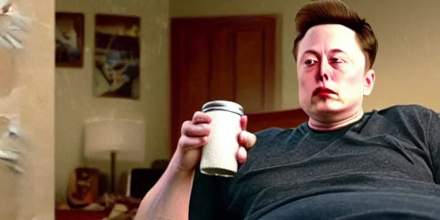 Prompt: sad bald poor elon musk drinking a can of beer in the couch while watching tv in a dirty house, very realistic photograph, cinematic lighting, dardenne brothers, trailer park boys