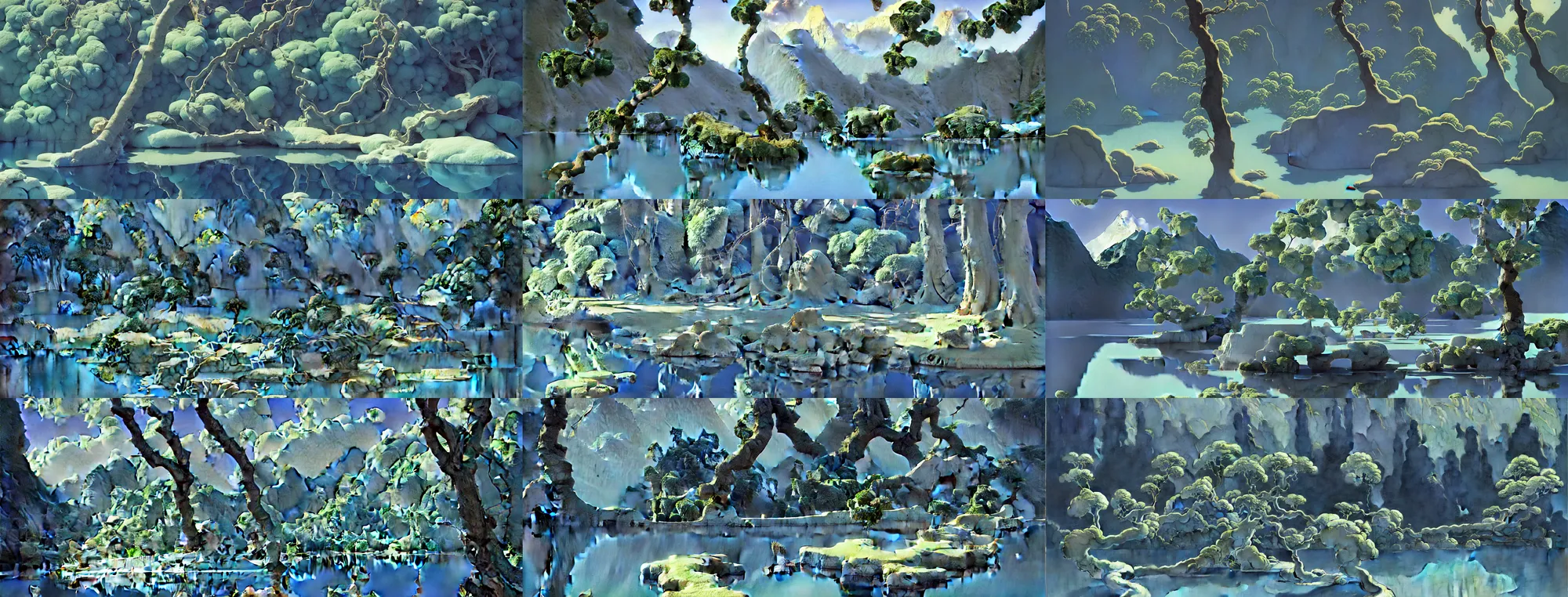 Prompt: a gorgeous painting by barlowe wayne maxfield parrish and marco mazzoni. a very close - up shot on a branch with 3 leaf!! china mountain village!! grey blue and light verdancy. the lake ice is melting. the winding stone steps. ultra clear detailed. 3 d, octane render. 8 k