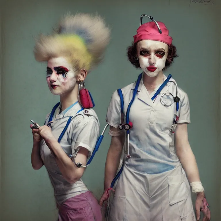 Image similar to clowncore pastel punk young hospital nurse wearing stylish uniform. detailed, portrait, 8 k, artwork by jean - baptiste monge