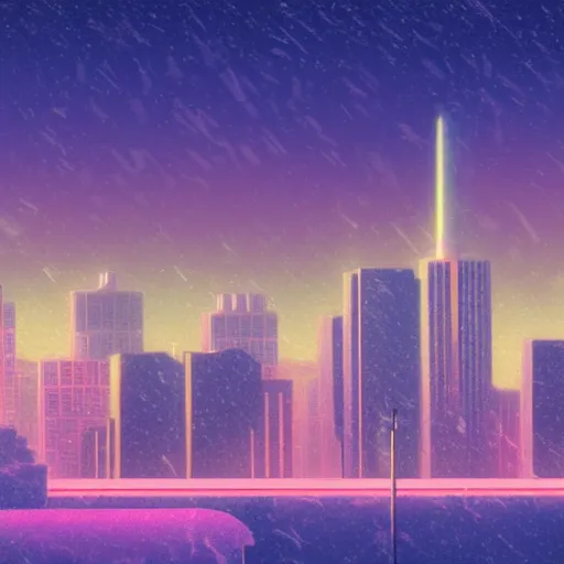 Image similar to synthwave, snowstorm, city