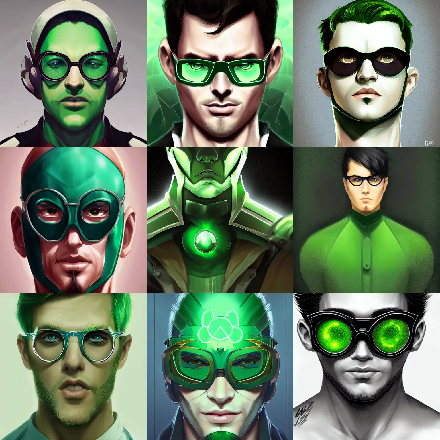 Prompt: symmetrical character concept portrait, green glasses hero, male, digital painting, concept art, smooth, sharp focus, illustration, artgerm