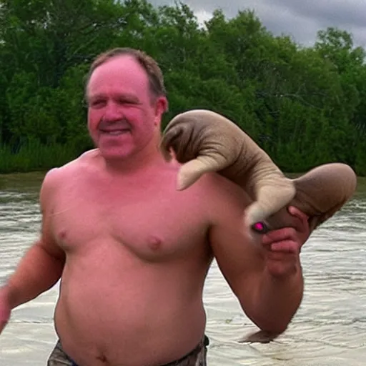 Image similar to phil hawkins, a small man, wrestles a huge walrus