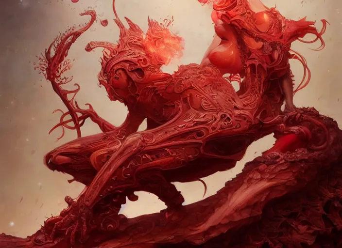 Image similar to woman loves sit upon a scarlet coloured beast, pain, light effect, hyper detailed, intricate, elegant, highly detailed, digital painting, artstation, concept art, matte, sharp focus, illustration, by peter mohrbacher, hajime sorayama, wayne barlowe, boris vallejo, aaron horkey, gaston bussiere, craig mullins