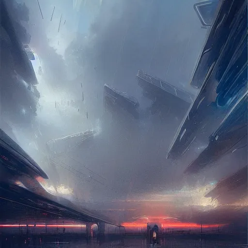 Image similar to concept art of a futuristic city near to a big lake by greg rutkowski, storm clouds, nostalgic, very very very beautiful art, cinematic lighting, romanticism by goya, bright pastel color, blue sky