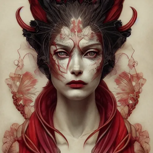 Image similar to ultra realistic illustration, beautifulwoman dressed in red kimono, backview, tattoos, in the style of peter mohrbacher by weta digital and beth cavener, high face symmetry, intricate, masterpiece, award winning, high face symmetry, intricate