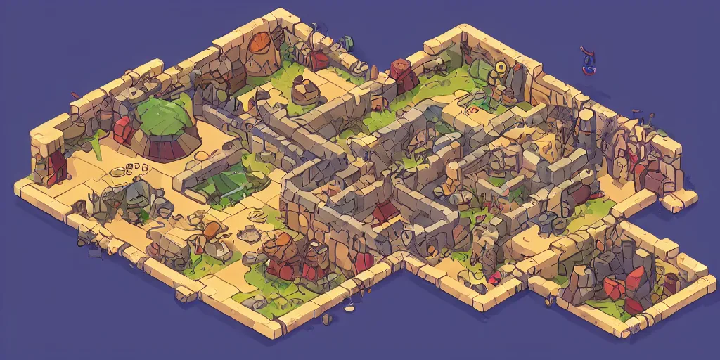 Image similar to A high detailed isometric vector art presenting an aerial view of a RPG room by dofus, Bastion, Transistor, pyre, hades, Patreon content, containing tables and walls, HD, straight lines, vector, grid, dnd map, map patreon, fantasy maps, foundry vtt, fantasy grounds, aerial view ,dungeondraft , tabletop, inkarnate, dugeondraft, roll20