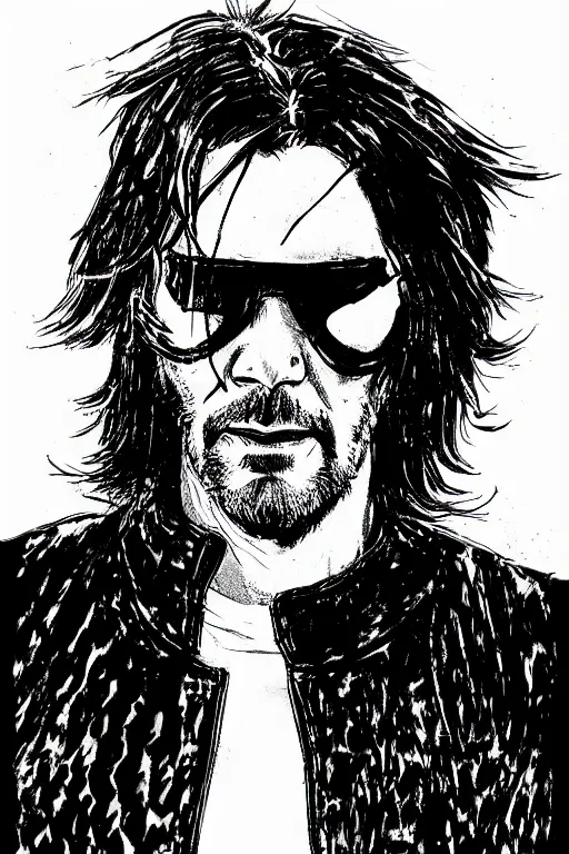 Image similar to keanu reeves, a page from cyberpunk 2 0 2 0, style of paolo parente, style of mike jackson, adam smasher, johnny silverhand, 1 9 9 0 s comic book style, white background, ink drawing, black and white, mid - shot