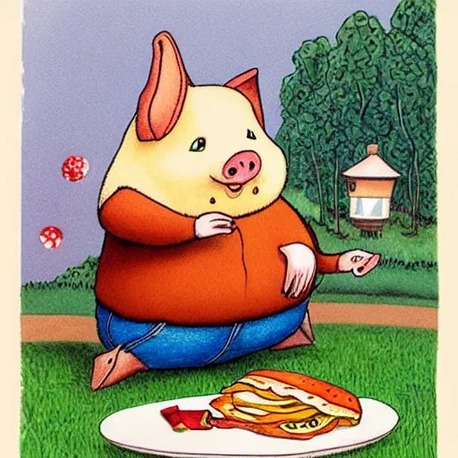 Image similar to a fat pig full from a feast by richard scarry