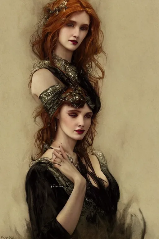 Image similar to a beautiful woman with auburn, fantasy, intricate, elegant, dramatic lighting, beautiful woman, gorgeous face, black gown, highly detailed, lifelike, photorealistic, digital painting, artstation, illustration, concept art, smooth, sharp focus, art by John Collier and Albert Aublet and Krenz Cushart and Artem Demura and Alphonse Mucha