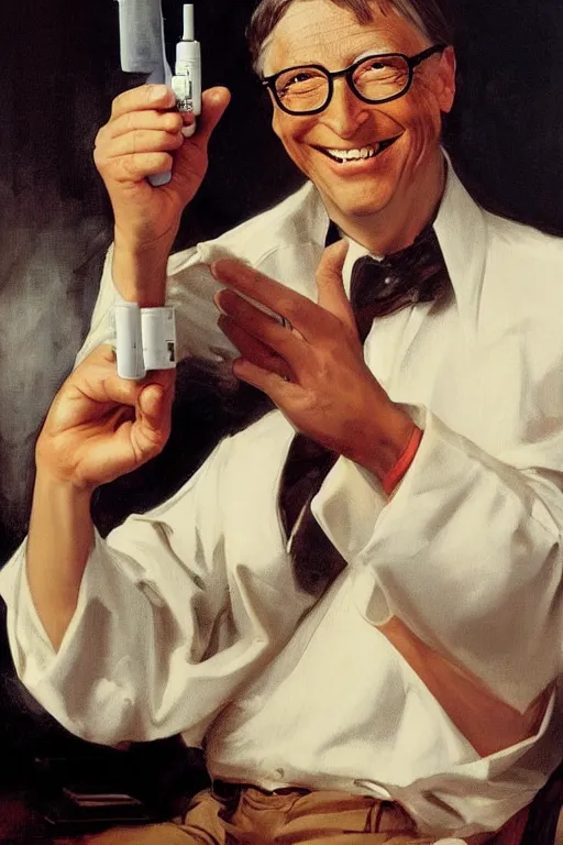 Prompt: Bill Gates smiling maniacally, holding a syringe, threatening to inject a frightened woman, artstation, by J. C. Leyendecker and Peter Paul Rubens,