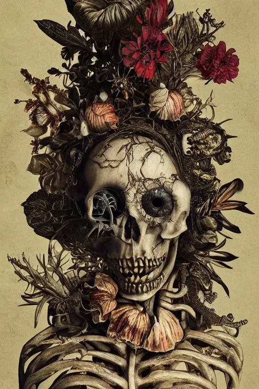 Image similar to Detailed maximalist portrait with large lips and large eyes, angry, exasperated expression, botanical skeleton, extra flesh, HD mixed media, 3D collage, highly detailed and intricate, surreal illustration in the style of Caravaggio, dark art, baroque