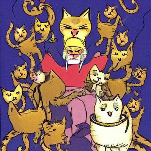 Image similar to king cat from hell with a legion of kittens