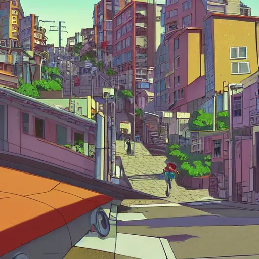 Image similar to city street, sloped street, city on hillside, street scene, colorful buildings, cel - shading, 2 0 0 1 anime, flcl, jet set radio future, golden hour, japanese town, concentrated buildings, japanese neighborhood, construction site, cel - shaded, strong shadows, vivid hues, y 2 k aesthetic