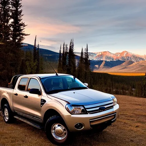 Prompt: a silver ford ranger in alberta at sunset