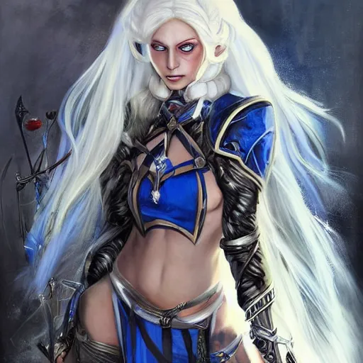 Image similar to a beautiful painting of a dark elf woman with long white hair wearing a blue outfit with a bow and quiver of arrows strapped to her back, piercing blue eyes by Raymond Swanland