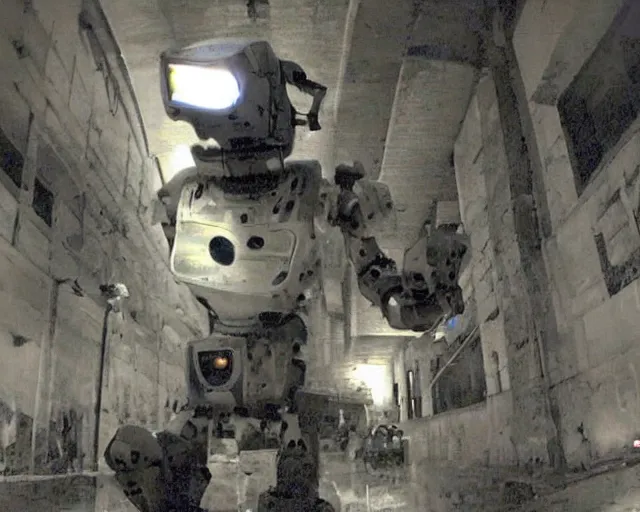Prompt: camera footage of a Big Dog Robot hunting people in an abandoned shopping mall, high exposure, dark, monochrome, camera, grainy, CCTV, security camera footage, timestamp, zoomed in, fish-eye lense, Robot, Drone, Intense, Darpa,