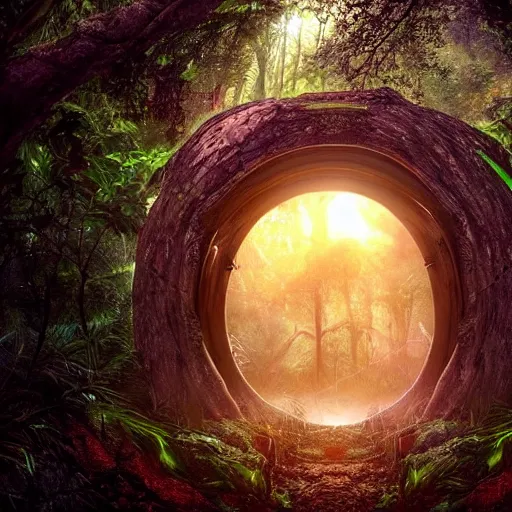 Prompt: horrific, shining portal embedded in a terrifying tree in a densely overgrown jungle, fantasy, dreamlike sunraise, ultra realistic, atmospheric, stopped in time, epic