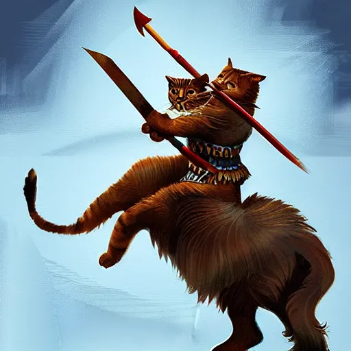 Image similar to a mighty warrior with a spear riding a huge cat, digital painting, concept art