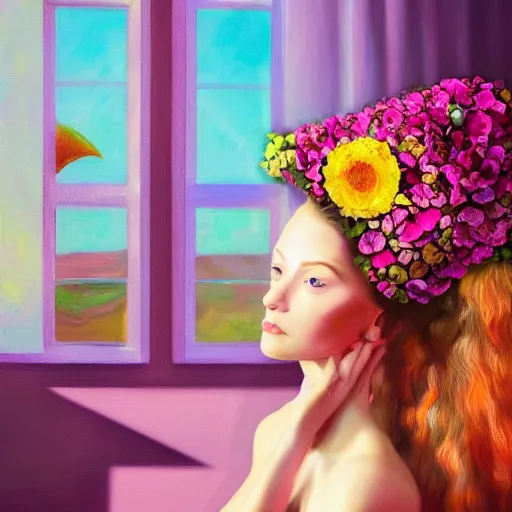 Image similar to giant flower under head, woman next to modern windows, luxury apartment, surreal photography, dramatic light, impressionist painting, digital painting, artstation, arthur adams