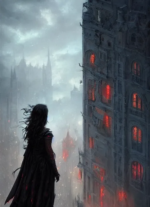 Image similar to a teenage girl with short dark hair and a tattered grey cloak. she stands on top of a building in a gothic fantasy city. the sky has a red glow and ash is falling. beautiful painting by greg rutkowski