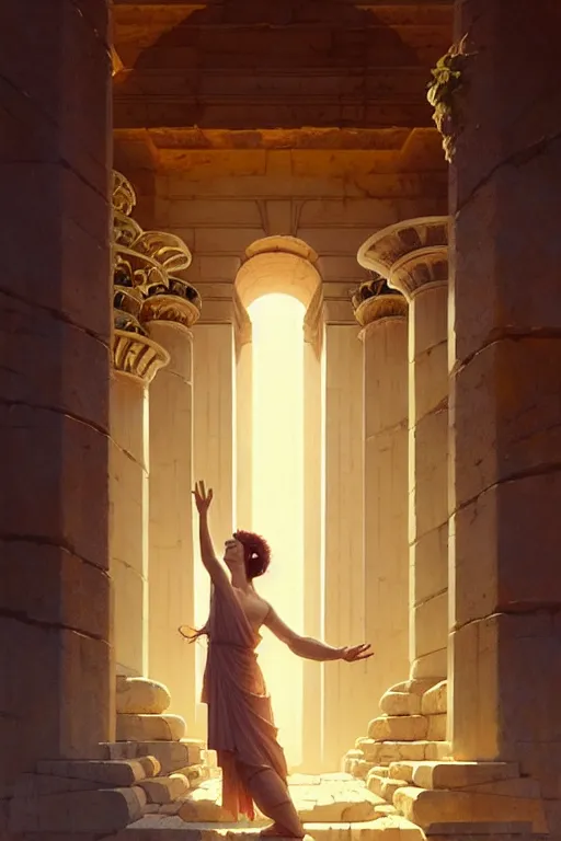 Image similar to high detail portrait, screaming woman wearing ancient greek yellow paper tunic, hands in air, stephen bliss, fantasy art by greg rutkowski, rhads, ferdinand knab, makoto shinkai and lois van baarle, ilya kuvshinov, rossdraws, tom bagshaw, global illumination, radiant light, ancient greek temple ruins, red and blue color theme