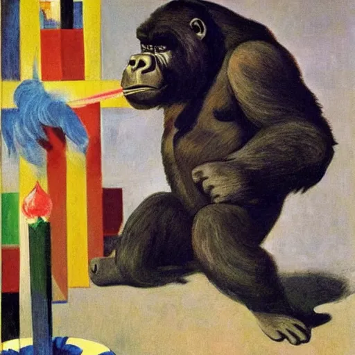 Image similar to candid of an oversized gorilla blowing out birthday candles on a cake, glowing with silver light, painting by franz marc, by jean - leon gerome, by winsor mccay, today's featured photograph, 1 6 k, character design, set design