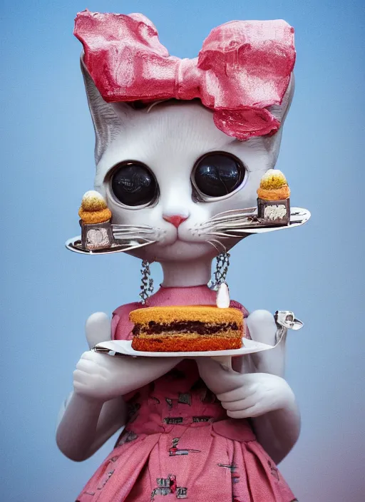 Image similar to closeup face profile portrait of a tin toy cat eating cakes, depth of field, zeiss lens, detailed, symmetrical, centered, fashion photoshoot, by nicoletta ceccoli, mark ryden, lostfish, breathtaking, 8 k resolution, extremely detailed, beautiful, establishing shot, artistic, hyperrealistic, octane render