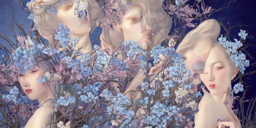 Image similar to breathtaking detailed concept art painting art deco pattern of blonde faces goddesses amalmation light - blue flowers with anxious piercing eyes and blend of flowers and birds, by hsiao - ron cheng and john james audubon, bizarre compositions, exquisite detail, extremely moody lighting, 8 k