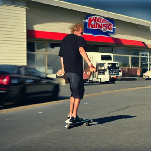 Prompt: kenny g skateboarding in a burger king parking lot, epic, cinematic, realism, ultra detailed, 8 k, film still