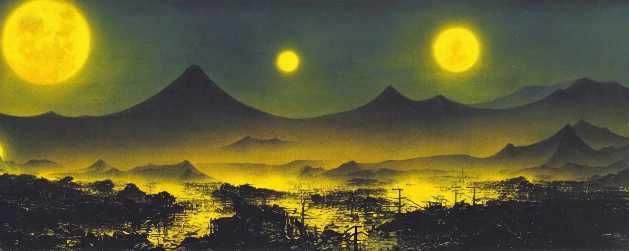 Image similar to awe inspiring bruce pennington landscape, digital art painting of 1 9 6 0 s, japan at night, 4 k, matte, blue and yellow, old