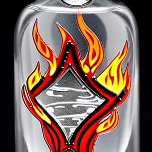 Prompt: a photo of a vodka bottle with flame fire designs in a plique - a - jour enameling technique, 5 0. 0 mm