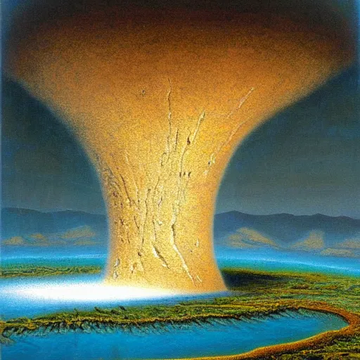 Image similar to a painting of a giant vortex hole in lake tahoe, a surrealist painting by Bob Eggleton, deviantart, nuclear art, apocalypse art, apocalypse landscape, hyper realism