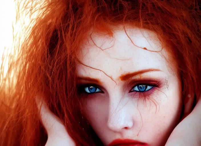 Prompt: award winning 5 5 mm close up face portrait photo of an anesthetic and beautiful redhead woman who looks directly at the camera with blood - red wavy hair, intricate eyes that look like gems, and long fangs, in a park by luis royo. rule of thirds.