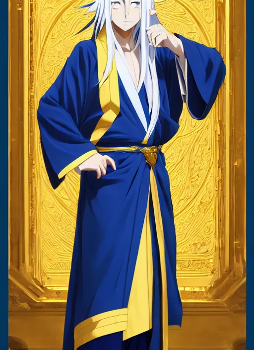 Image similar to card art portrait of a young man with long white hair wearing blue and golden robes, long white hair, blue and golden robes, detailed robes, intrincated design, makoto shinkai, anime character, very detailed, matte, tonemapping, bbwchan, perfection, 4 k, william - adolphe bouguereau