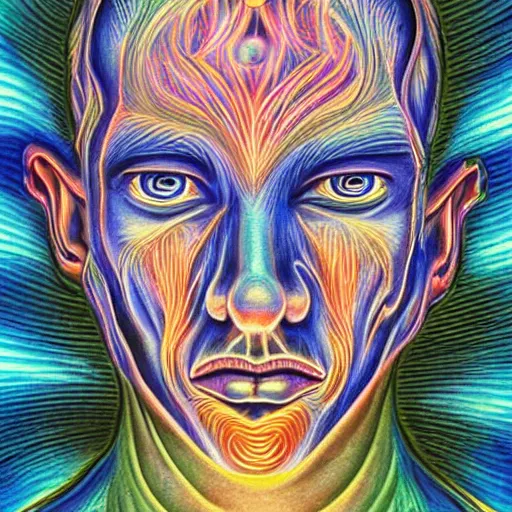 Prompt: Sneeze in the art style of Alex Grey,